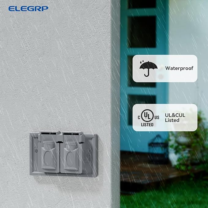 ELEGRP Horizontal Outdoor Cover for Duplex Receptacles, 2-Hole Weatherproof Wall Plate, Outdoor Electrical Outlet Cover, Standard Size 1-Gang 4.55” x 3.02”, Thermoplastic, 2 Pack, Grey