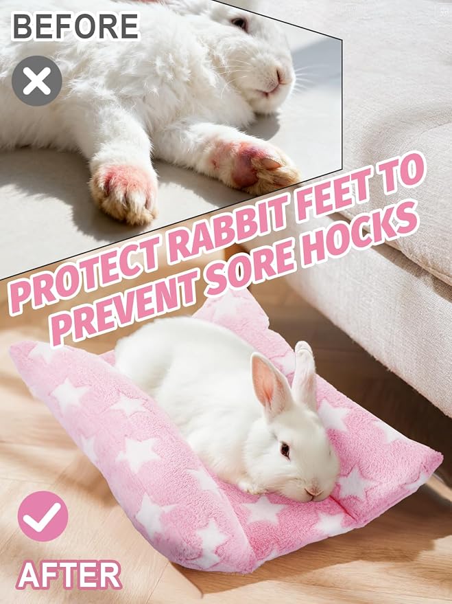 MEWTOGO 15.7" x 14" Bunny Bed for Rabbit Cage, Thickened & Soft | Prevent Sore Hocks Plush Mat with Cotton Lounger Pillows, Small Animal Flop Mat for Hutch Sleeping Indoor, Pink-Star