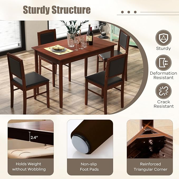 NAFORT 5 Piece Dining Table Set for 4, Farmhouse Solid Wood Kitchen Table Chairs Set of 4, Mid-Century Modern Dinette Set w/Upholstered Dining Chairs, 4 Seat Dining Room Table for Kitchen,Office