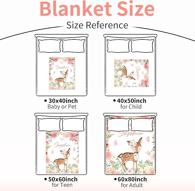 Custom Deer Blanket with Name for Girl, Personalized Name Blanket for Kids, Soft Flannel Deer Toddler Blanket Customized Gift for Birthday Christmas Children Day 40x50inch