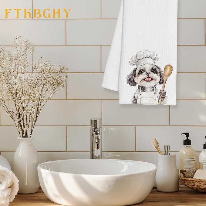 Funny Shih Tzu Chef Kitchen Towels, Shih Tzu Gifts, Chef Gifts for Women Men, Funny Dog Decorative Dish Hand Tea Towels for Kitchen Bakery, 16x24 Inch