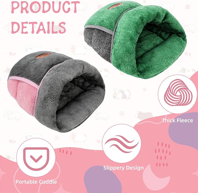 YUEPET 2 Pack Guinea Pig Bed, Guinea Pig Cuddle Sack, Grey & Green | Guinea Pig House, Portable Guinea Pig Hideout, Folds Flat for Storage, Pocket-Style Bedding
