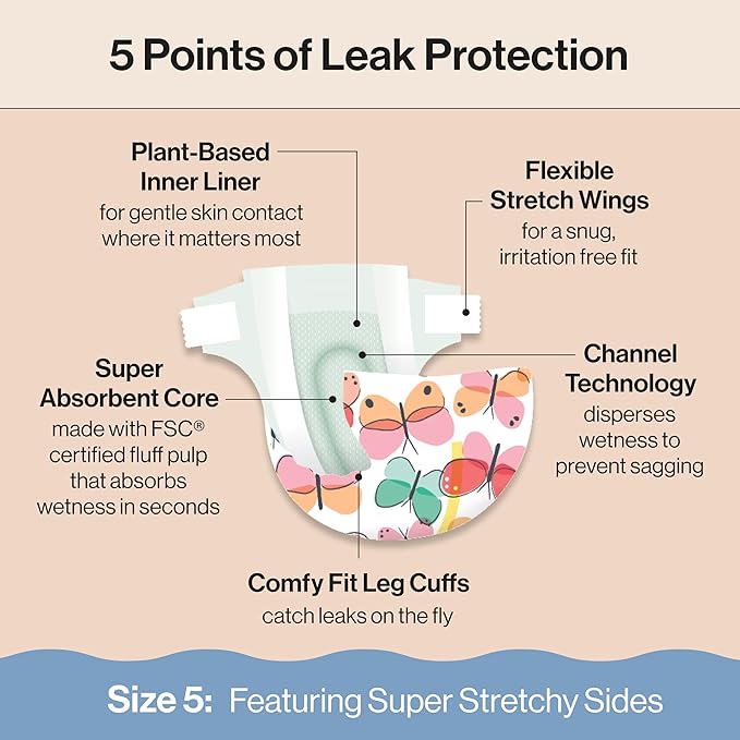 The Honest Company Clean Conscious Diapers for Sensitive Skin Up to 100% Leakproof Hypoallergenic Fragrance-Free Baby Girl Prints Super Club Box Size 5 (27 lbs) 84 Count (Prints