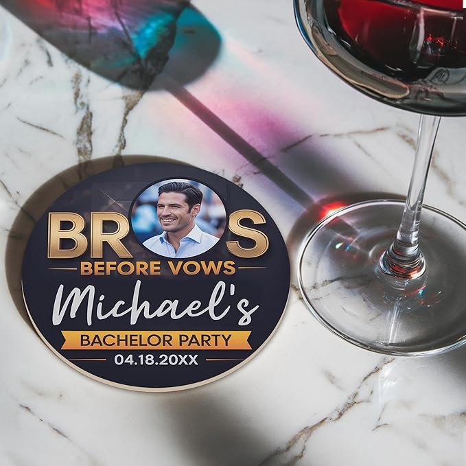 40 Pack Personalized Bachelor Party Coasters, Custom Cardboard Drink Coasters with Photo Print and Text, Fun Bachelor Party Favors and Gifts, 3.95" Round, Design 1
