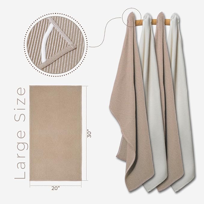 Kitchen Towels Set - 4 Pack, (20" x 30") - Boho & Decorative - Versatile as, Dish Towels for Drying Dishes, Drying Towels, Flour Sack Towel, Kitchen Cloths, Beige and Ecru