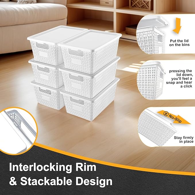Plastic Storage Baskets with Lids [6-Pack] – Stackable Organizing Bins with Secure Snap-On Lids for Pantry, Bathroom & Closet | 11"x7"x5" Bins Hold 25lbs, Dustproof & Water-Resistant, White