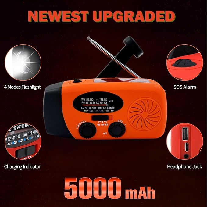 Solar Emergency Hand Crank Weather Radio, Portable Self Powered NOAA AM/FM Radios with SOS Alarm LED Flashlight 5000mAh Smart Phone USB Charger for Camping (Orange)