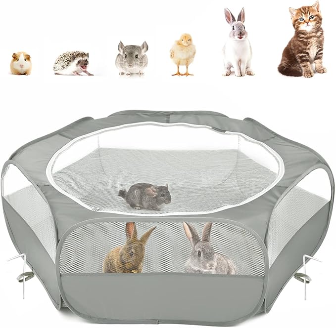 Pawaboo Small Animal Playpen with Zippered Cover,Light Gray | Portable pop-up pet tent for supervised rabbits, guinea pigs, chicks and kittens; water-resistant bottom and 3 metal rods