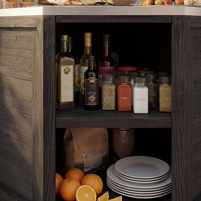 MOUMON Corner Patio Kitchen Storage Cabinet with Stainless Steel Countertop, Solid Cedar Patio Prep Table for Grilling, Outdoor Cooking Station, Dark Grey 35.4”W x 35.4”D x 37.4”H
