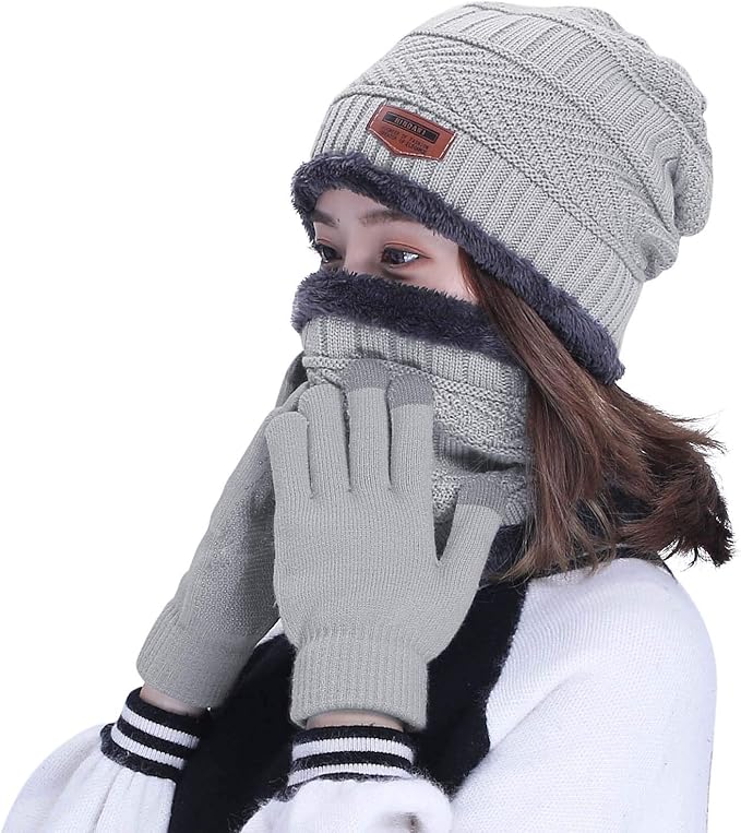 HINDAWI Winter Hat Scarf Gloves Slouchy Beanie Snow Knit Skull Cap Touch Screen Mittens Circle Scarves for Women Men