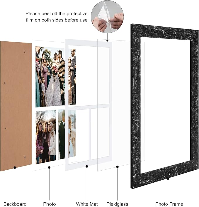 11x16 Picture Frame Display 3 opening Picture Frame 5x7 and 8x10 Collage,Multi Photo Frame with Mat,Plexiglass,Horizontal and Vertical Formats for Wall Decor,Black Wood Grain