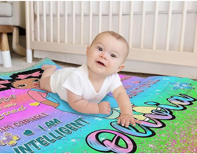 D-Story Custom Blanket with Name Text, Customized Flannel Throws Blankets Personalized Blanket Black Girl Blanket for Adults Kids Birthday Day Gift