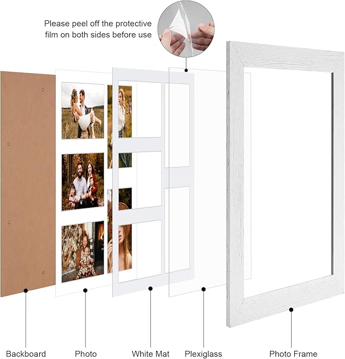 11x14 Picture Frame Display 5 opening 4X6 Picture Frame Collage,Multi Photo Frame with Mat,Plexiglass,Wall or Tabletop Decor,Distressed White Wood Grain