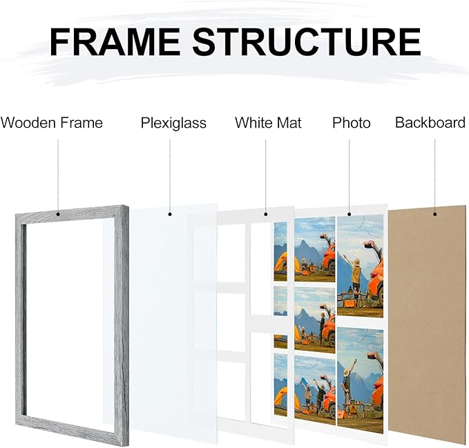 Vittanly 11x14 Collage Picture Frame, Displays 5Pcs 4x6 Pictures with Mat or 1Pcs 11x14 without Mat for Wall Mounting, Picture Frames Collage Wall Decor in Grey, 1 Pack