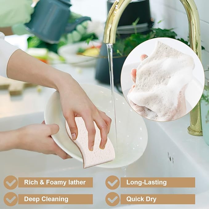 12 Pack Natural Sponges,Kitchen Sponge,Natural Dish Sponges for Washing Dishes,Biodegradable Compostable Cellulose and Coconut Scrubber Sponge for Kitchen,Non-Scratch,Odor Free