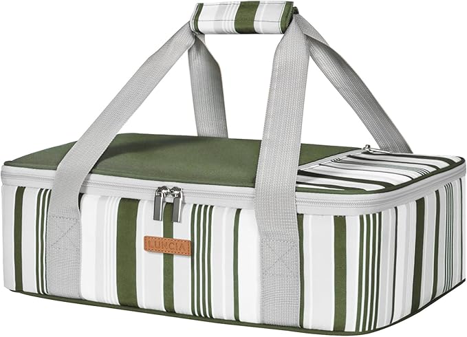 LUNCIA Insulated Single Decker Casserole Carrier, Lasagna Lugger Tote Keeps Food Hot or Cold, Thermal Lunch Bag for Potluck Parties, Picnic and Cookouts, Fits 9" x 13" Baking Dish, Dark Green