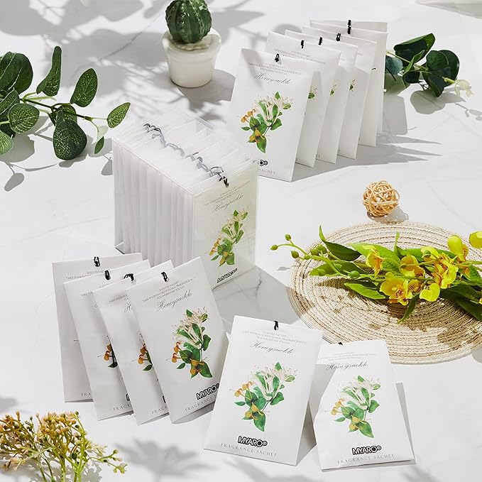MYARO 12 Packs Honeysuckle Scented Sachets for Drawer and Closet, Long Lasting Air Freshener Fresh Scents Potpourri Bags Home Fragrance for Room Car Small Space