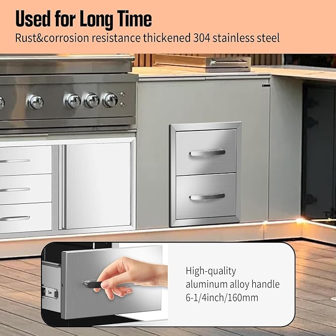 Outdoor Kitchen Drawers Stainless Steel 14W X 14.3H X 23D Inch, Flush Mount Double BBQ Island Drawers with Handle for Outdoor Kitchens, Patio or Grill Station