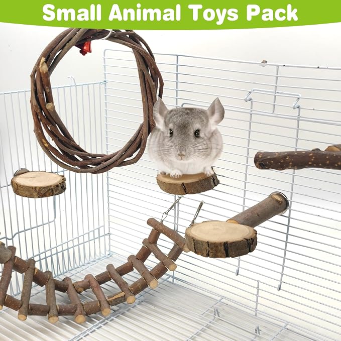 BNOSDM 6PCS Chinchilla Cage Accessories, Natural Wood Sugar Glider Climbing Bridge & Perch Platforms, Rat Enrichment Toys Set for Small Animals Squirrel, Gerbil, Hamster