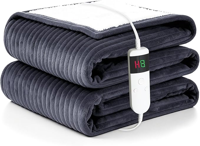 Heated Blanket Electric Throw, Soft Flannel Heating Blanket with 8 Hours Auto Off 10 Fast Heating Levels Machine Washable Sherpa Heated Blanket with Overheating Protection