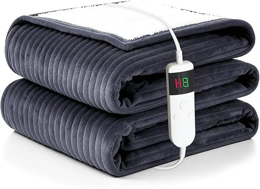 Heated Blanket Electric Throw, Soft Flannel Heating Blanket with 8 Hours Auto Off 10 Fast Heating Levels Machine Washable Sherpa Heated Blanket with Overheating Protection