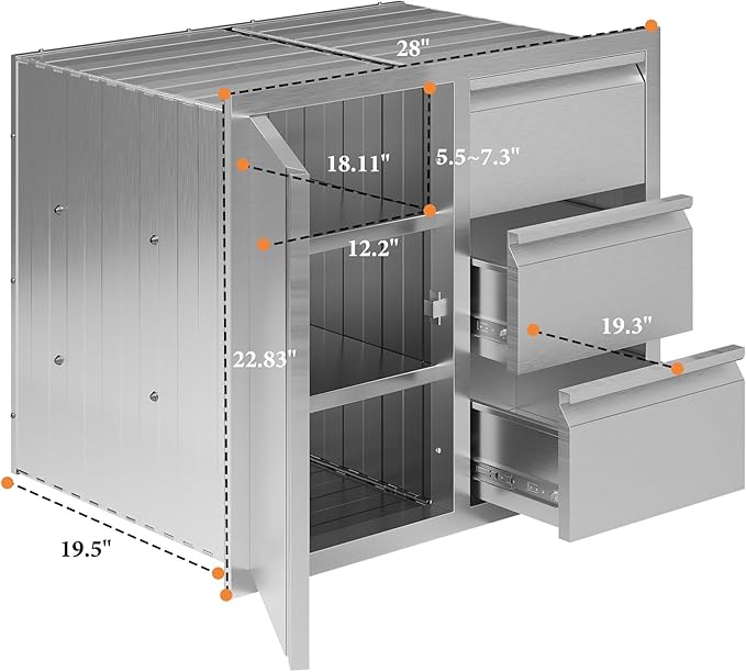 Jocisland Outdoor Kitchen Drawers 28" W×20" D×23" H Stainless Steel Drawers for Outdoor Kitchens, 3-Tier Cabinet & 3-Drawer Combo, Built-in BBQ Island Storage