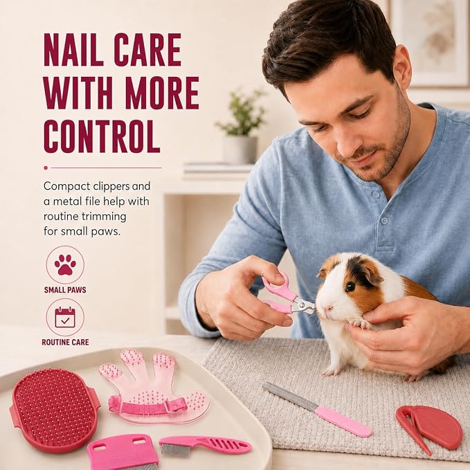 Rabbit Grooming Kit, 7-Piece Bunny Brush and Nail Care, Pink | 7 tools for loose fur, combing, light tangles and nail care; for rabbits, guinea pigs, hamsters and ferrets