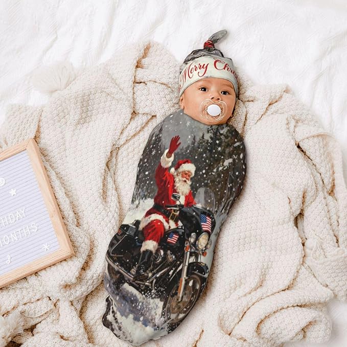 Christmas Baby Swaddle Blanket and Hat Set for Newborn Boys Girls Soft Infant Wrap Sleep 0-6 Months Red Santa Claus