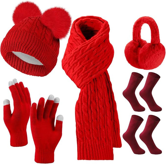 Geyoga 6 Pcs Winter Warm Fleece Knit Hat Long Scarf Touchscreen Gloves Ear Muffs Socks Sets, Winter Warm Gifts for Women