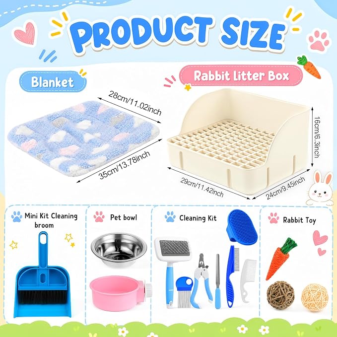Reallnaive 15 Pcs Rabbit Starter Kit Small Rabbit Litter Box Girls Gift Animal Grooming Kit Bunny Toys Bowl Blankets with Cleaning Set for Guinea Pig Accessories(Cream White)