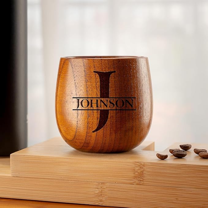 Custom Monogram Wooden Whiskey Glass, Laser Engraved Gift for Men, Dad, or Husband, 10 oz Personalized Wooden Bourbon Cup