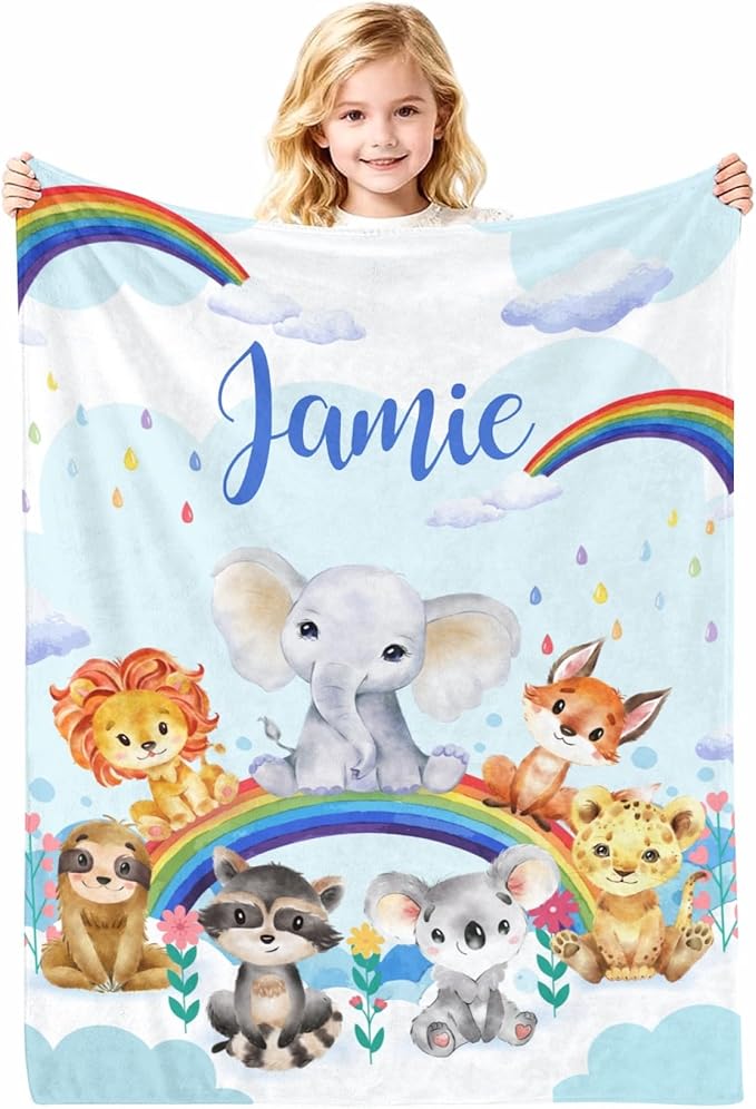Baby Blanket Personalized Blanket with Name Rainbow Animals Custom Baby Blankets for Baby Boy Gifts Baby Products Ultra Soft Fleece Blankets for Newborns, 30"x40"