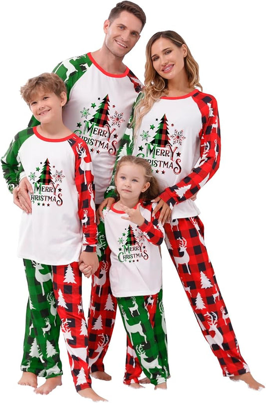 Christmas Family Pajamas Set Matching Holiday Plaid Sleepwear Set Reindeer/Tree Print Loungewear for Xmas Eve