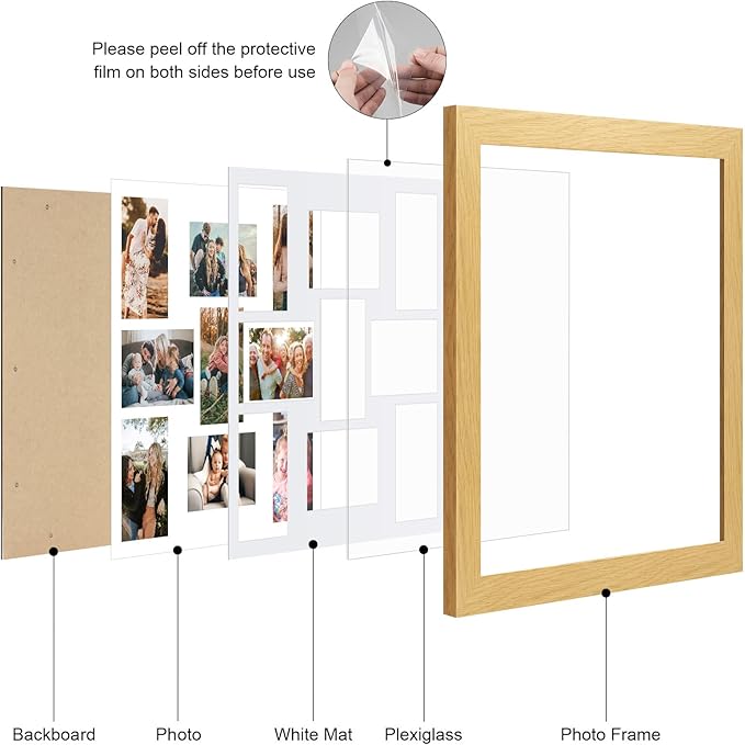 17x17 Picture Frame Display 9 opening 4X6 Picture Frame Collage,Multi Photo Frame with Mat,Plexiglass,Wall Mount Decor,Natural Wood Grain