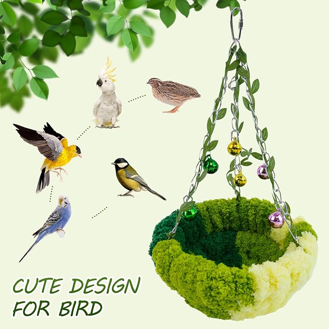 Admaison Bird Nest with Bell for Cage,Plush Hanging Bird Bed for Parakeet Indoor & Outdoor,Breeding Bird House for Conure,Budgie,Cockatiel,Lovebird,Canary,Finch,Hamster,Small Pets,Warm Nest,Green S