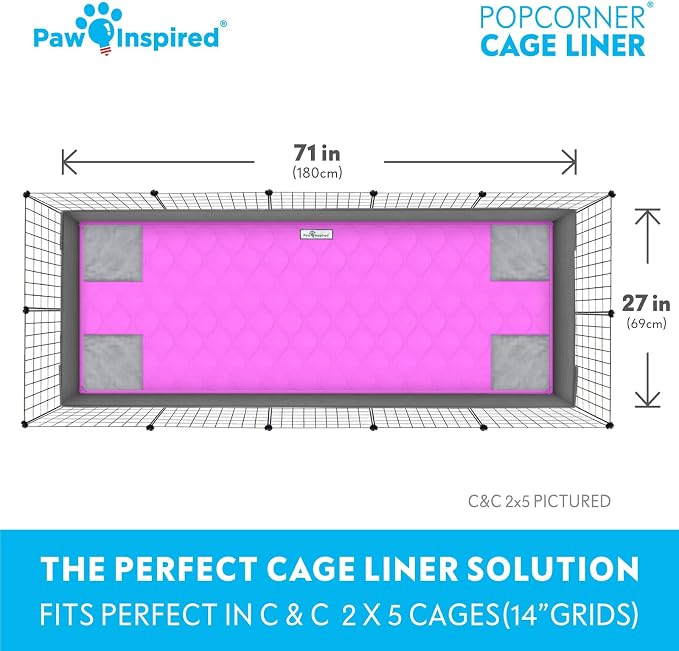 Paw Inspired PopCorner Washable Fleece Cage Liners, C&C 2x5, Pink | Reinforced Corners, Super Absorbent Mat, Bedding, Waterproof Bottom, Guinea Pigs, Ferrets, Rabbits, Hamsters, Small Animals