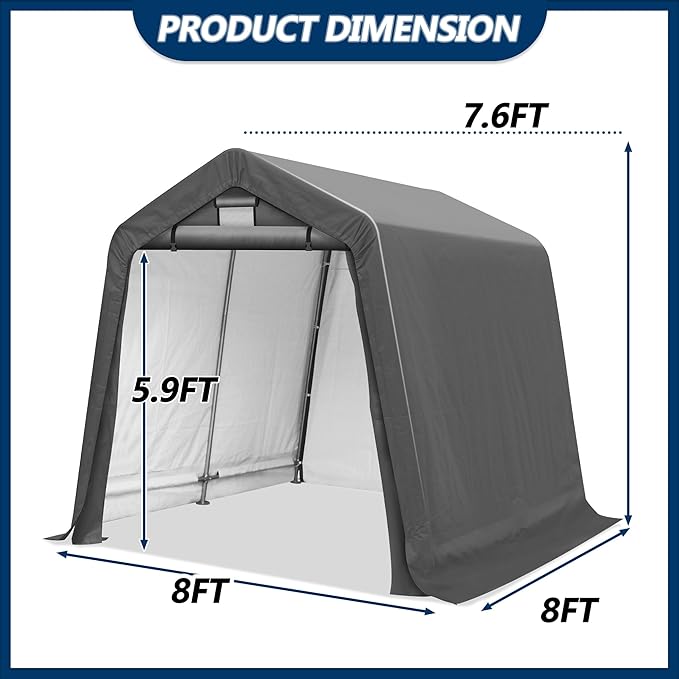COVERONICS 8' x 8' Outdoor Storage Shed - Heavy Duty Portable Shelter Carport with Ventilation Windows and Roll-up Doors, Storage Shelter Tent for Motorcycle, Bike, Lawnmower and Garden Tools, Grey
