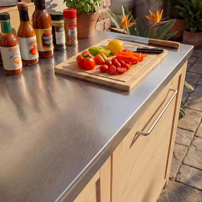 MOUMON Patio Kitchen Sink Cabinet with Stainless Steel Countertop, Solid Cedar Patio Prep Table with Trash Bin Compartment, Outdoor Cooking Station, Sink not Included, Oak 51.2”W x 23.6”D x 37.4”H