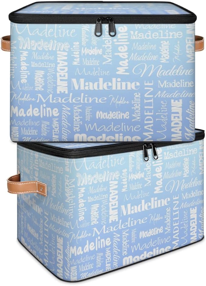 Custom Storage Basket with Name, Personalized Keepsake Box with Zipper Lid, Foldable Fabric Memory Bin Large capacity with Handle White Blue