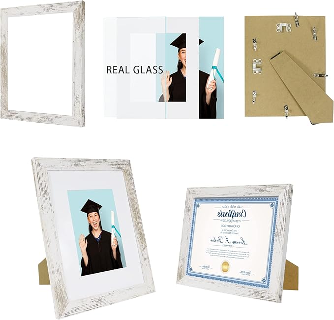 8.5 x 11 Picture Frame Set of 4, Made of Real Glass and Distressed White Certificate & Diploma Frame, 8.5 by 11 Photo for Wall or Tabletop - Display Picture 6x8 with Mat or 8.5x11 Without Mat