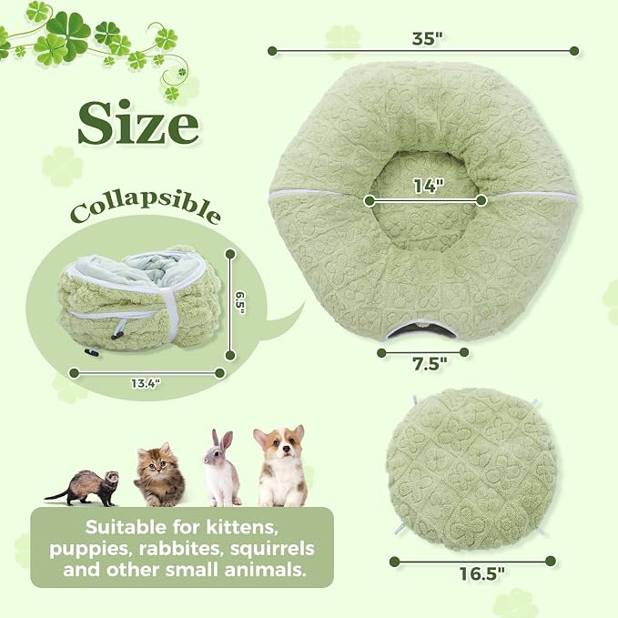 PEQULTI Green Donut Cat Tunnel Bed Washable Plush Mat for Multi Small Pets | Round play tube with soft detachable plush mat, multi-pet toy fit indoor cats, kittens, puppies, rabbits and ferrets