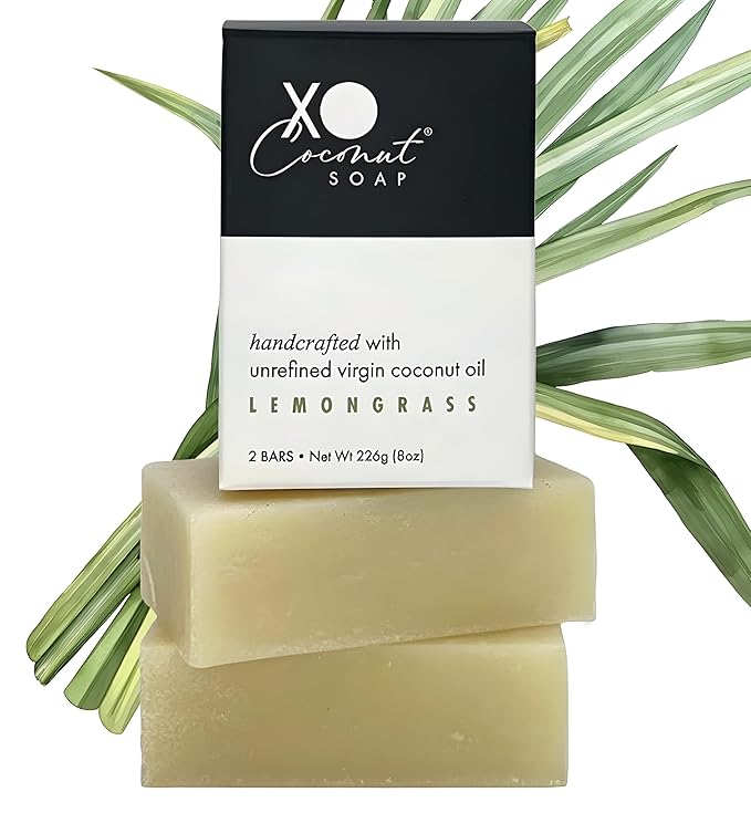 Coconut Oil Bar Soap Handcrafted Organic Natural Face Body Hands Vegan Scented Lemongrass Essential Oil - 2 Bars, 4 Ounces Each