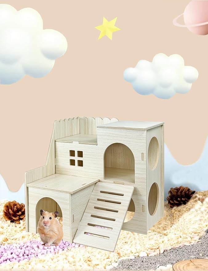 Hamster Hideout Cage Accessories - Hamster House and Habitat Wooden Hide Hut with Climbing Ladder for Syrian Dwarf Gerbils and Mouse Mice Rat Other Small Animals etc.