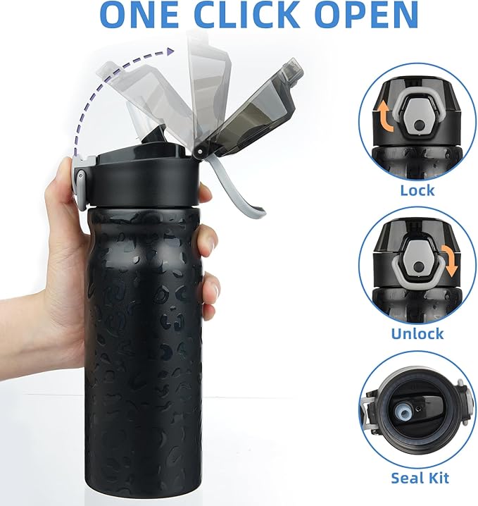 BJPKPK 18oz Insulated Water Bottle with Straw Stainless Steel Double Wall Water Bottles BPA Free Leak Proof Thermal Flask with Lockable Flip Lid and Soft Silicone Spout,Black Leopard