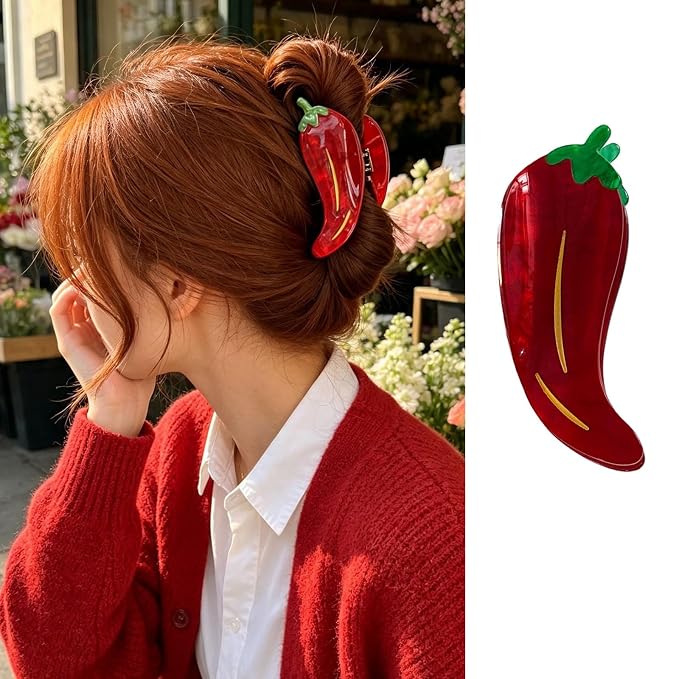 Red Chili Pepper Hair Clips Vegetable Hair Claw Clips Acrylic Hair Jaw Clip | Strong Hold Hair Barrettes Funny Chili Hair Clamp with Leaf Summer Autumn Winter Daily Holiday Hairstyle Accessory for Women