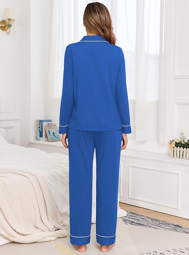Veseacky 100% Cotton Pajamas for Women Set Long Sleeve Button Down Sleepwear Soft Pjs Lounge Sets with Pockets S-XXL