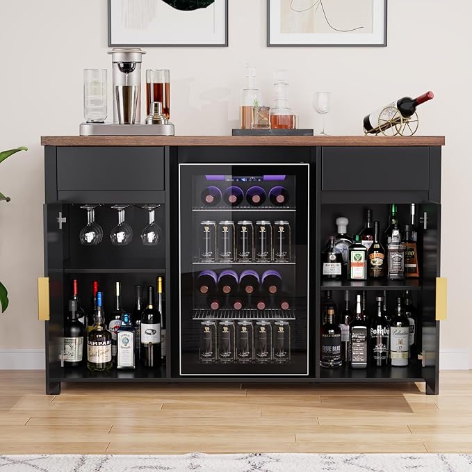 GDLF Large Coffee Bar Cabinet with Fridge Space, Mini Fridge Cabinet with Wine Storage, Buffet Sideboard Table for Home, Fluted Modern Design,53.2" L