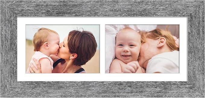 6x15 Picture Frame Display 2 opening 5X7 Double Picture Frame Collage,Multi Photo Frame with Mat,Plexiglass,Horizontal and Vertical Formats for Wall Decor,Grey Wood Grain