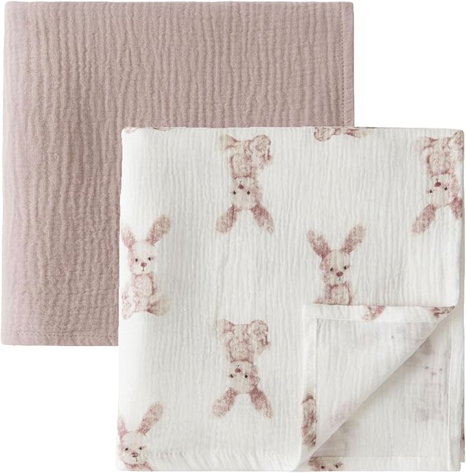 Little Jump 2-Pack Cotton Muslin Swaddle Blankets for Baby Boys Girls - Boho Baby Blanket for Boys & Girls- Large 47 x 47 inches Receiving Blanket Neutral (Bunny)