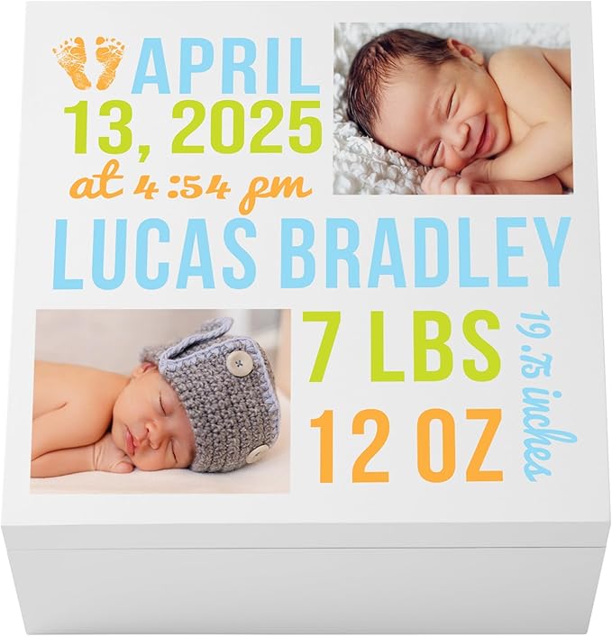 Let's Make Memories Personalized Photo Keepsake Box for New Baby - Memento Storage - Memories Box - Nursery Décor - 12" Sq x 6" H - Bundle of Love - Blue